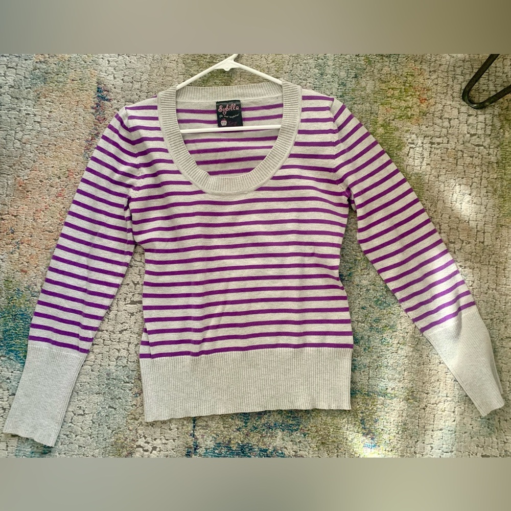 Grey and purple sweater. V-neck design